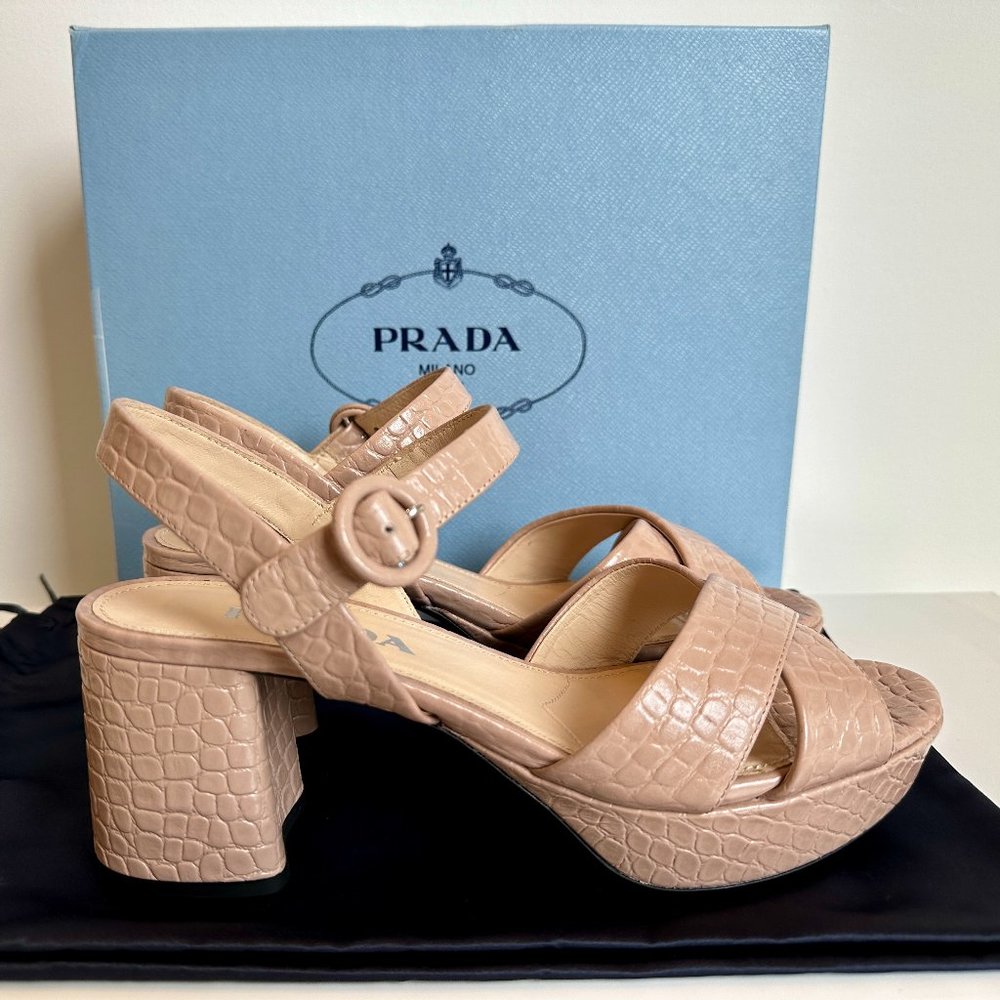 Prada Crisscross Ankle Strap Block Heel Sandals Size 38.5 Croc Beige